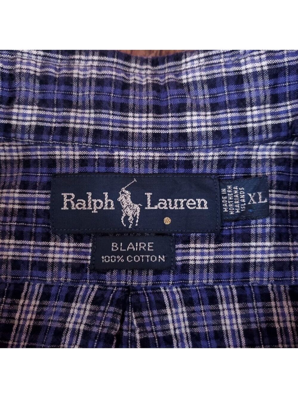 Vtg Ralph Lauren Blaire Seersucker Mens XL Blue White Plaid LS Button Down Shirt - Picture 8 of 12